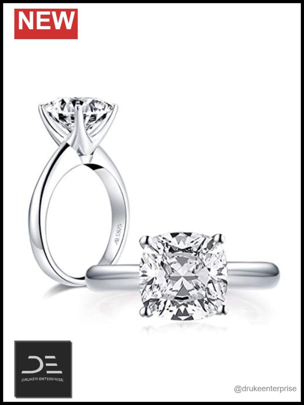 3 Carat Cushion Cut Cubic Zirconia Engagement Ring, 925 Sterling Silver,